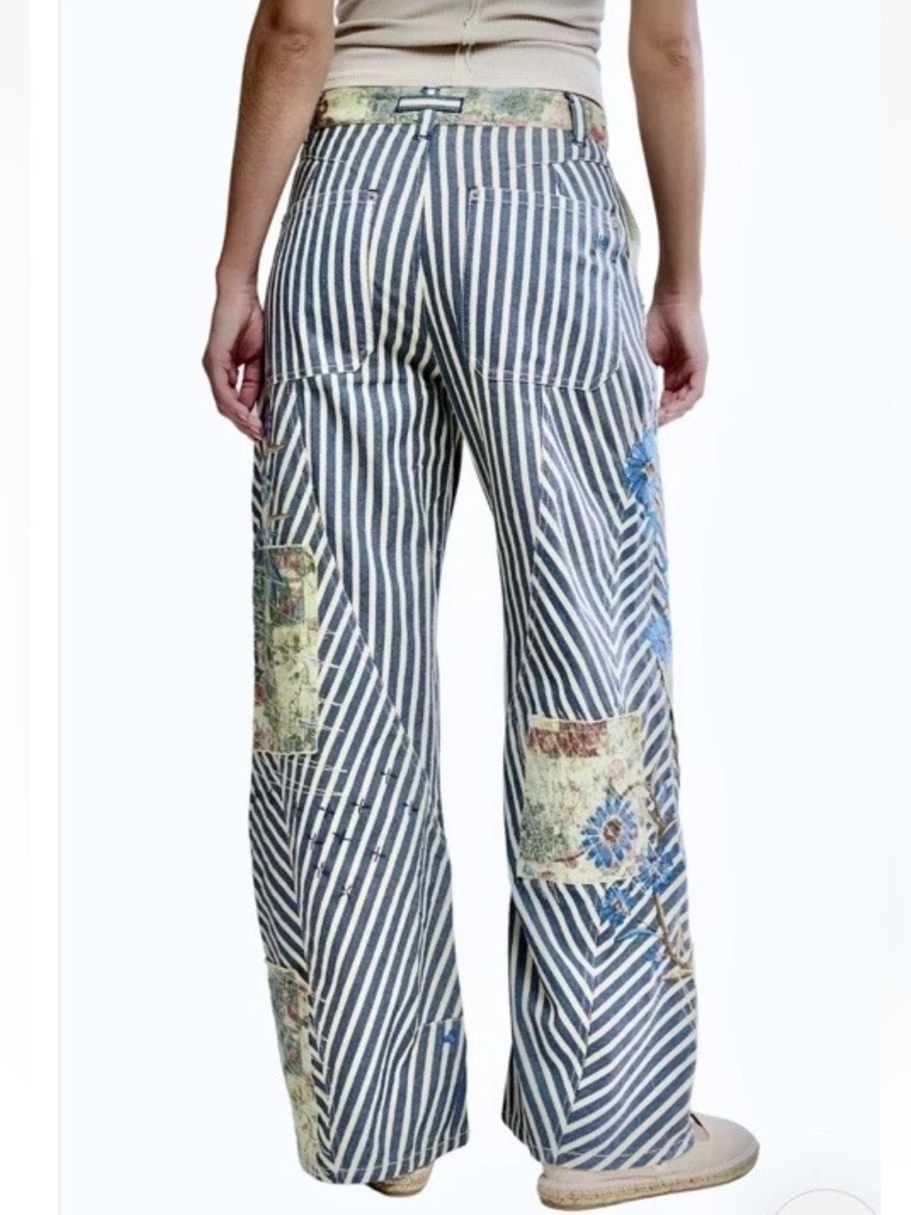 FREE PEOPLE Runyon Patched Pants - Wide Leg Striped Floral Patchwork - Picture 2 of 10